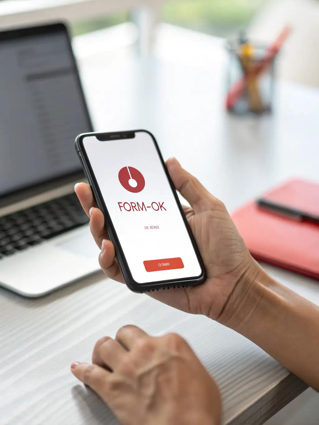 An illustration of a notification alert on a mobile phone, showing a real-time notification from Form-Ok about a form issue.